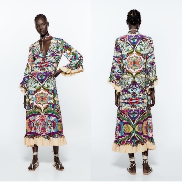 Zara Cream and Purple Resort Midi Dress with Bell Sleeves - Picture 1 of 6